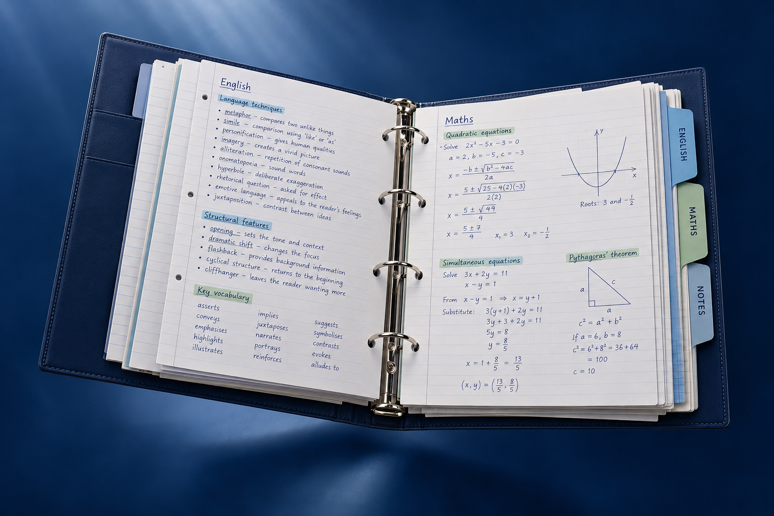 An organized binder with handwritten English and maths notes and subject bookmarks